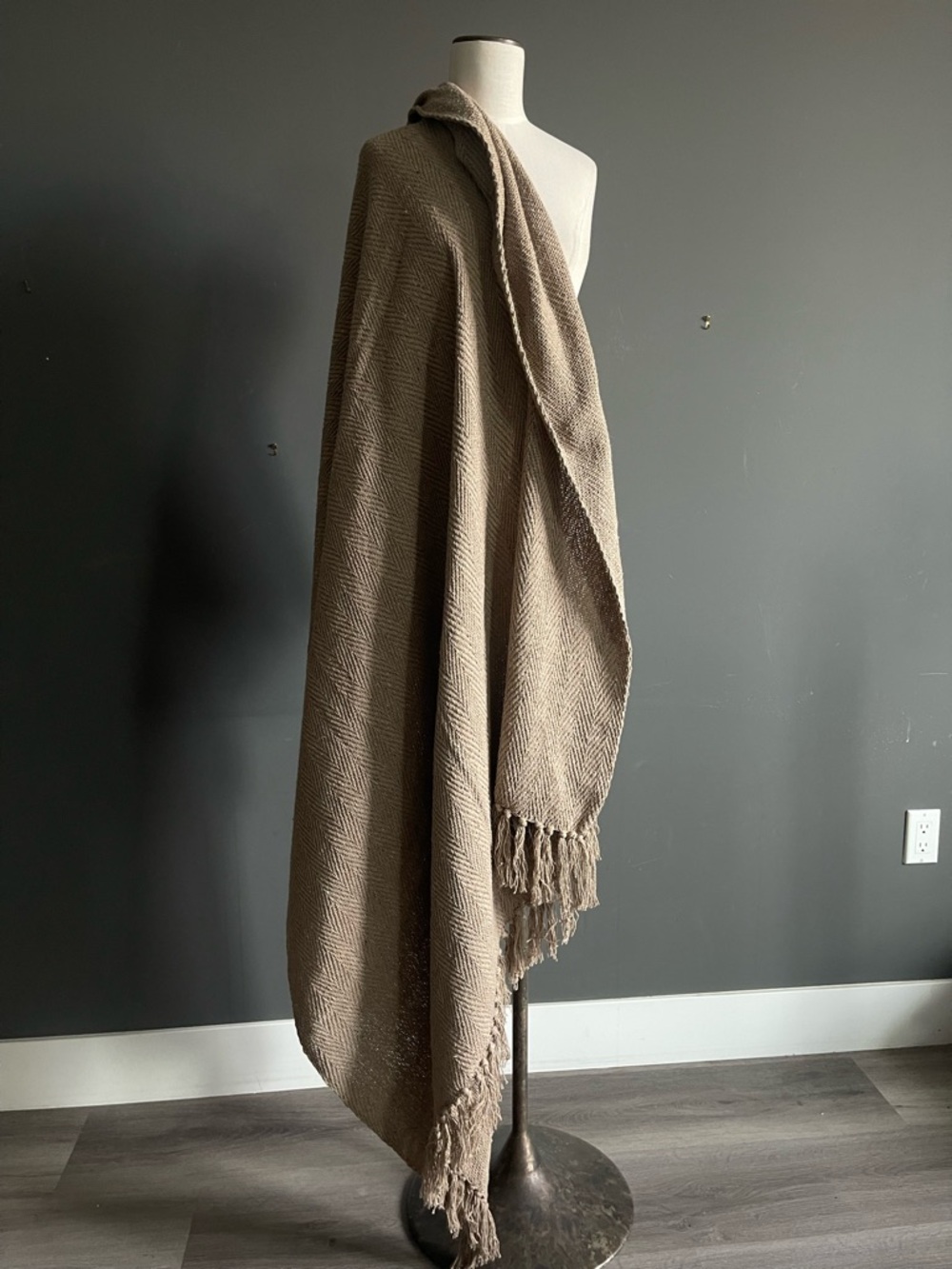 Neutral Cotton Throw Blanket Fringe Herringbone Wabi Sabi Coastal Wrap Scandi